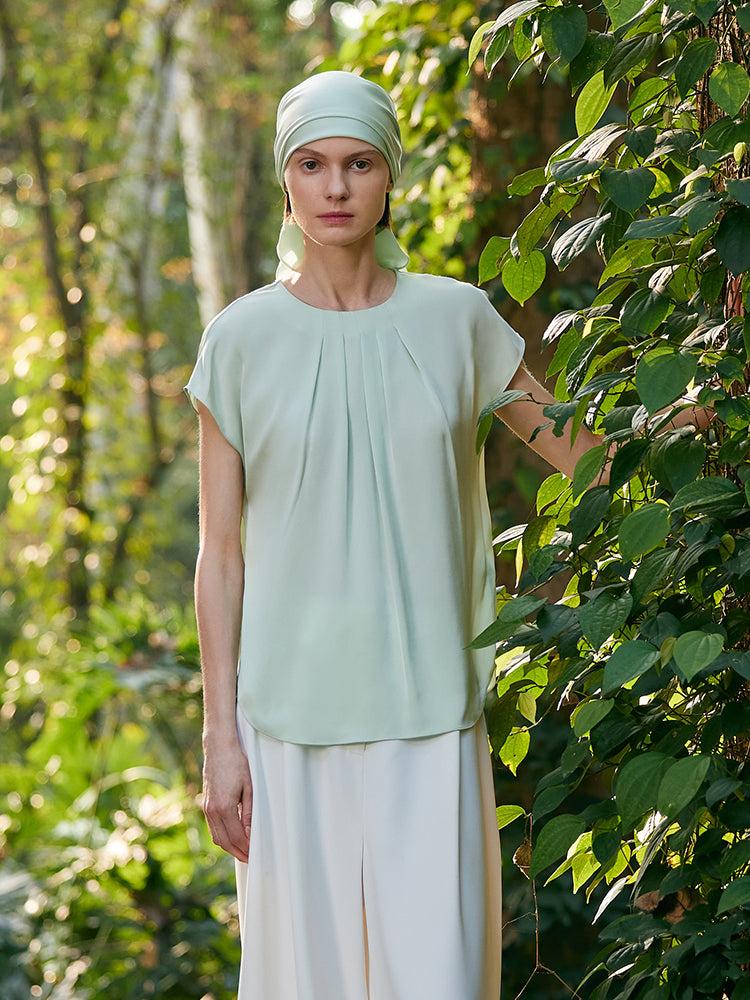 22 Momme Mulberry Silk Round Neck Ruched Women Blouse Product Image