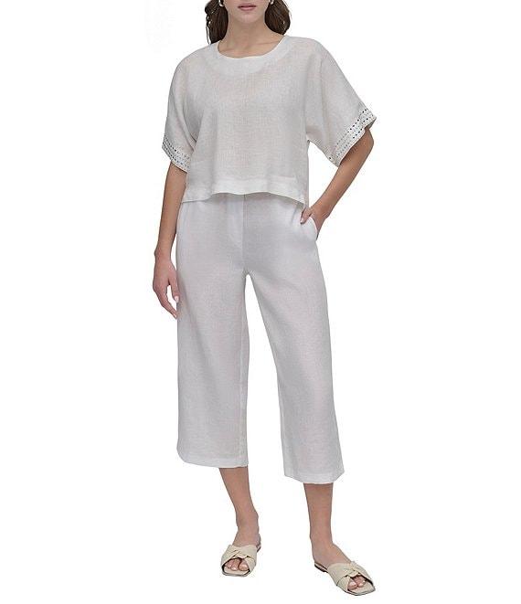 DKNY by Donna Karan Linen Crew Neck Studded Short Sleeve Boxy top Product Image