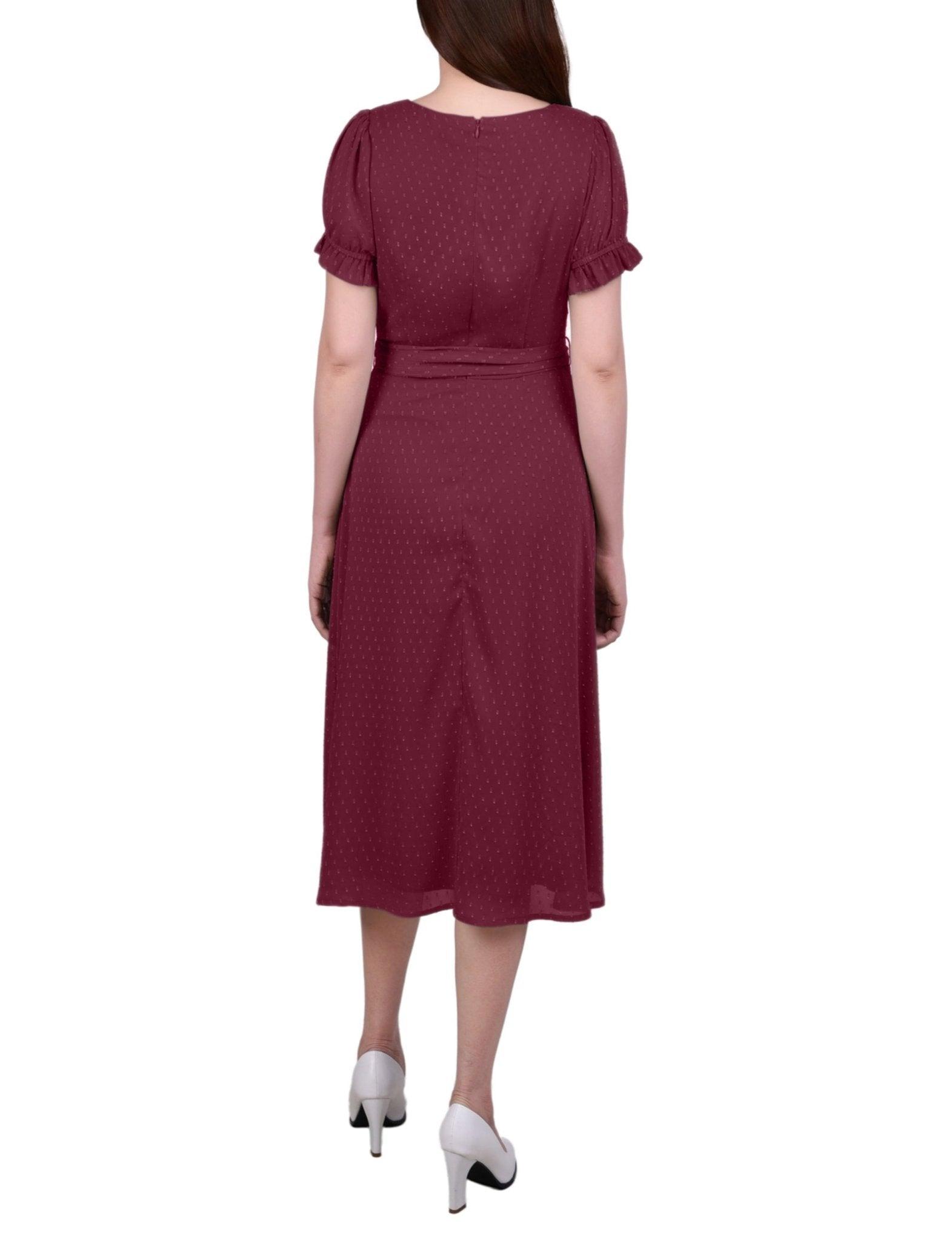 Short Sleeve Belted Swiss Dot Dress - Petite Product Image