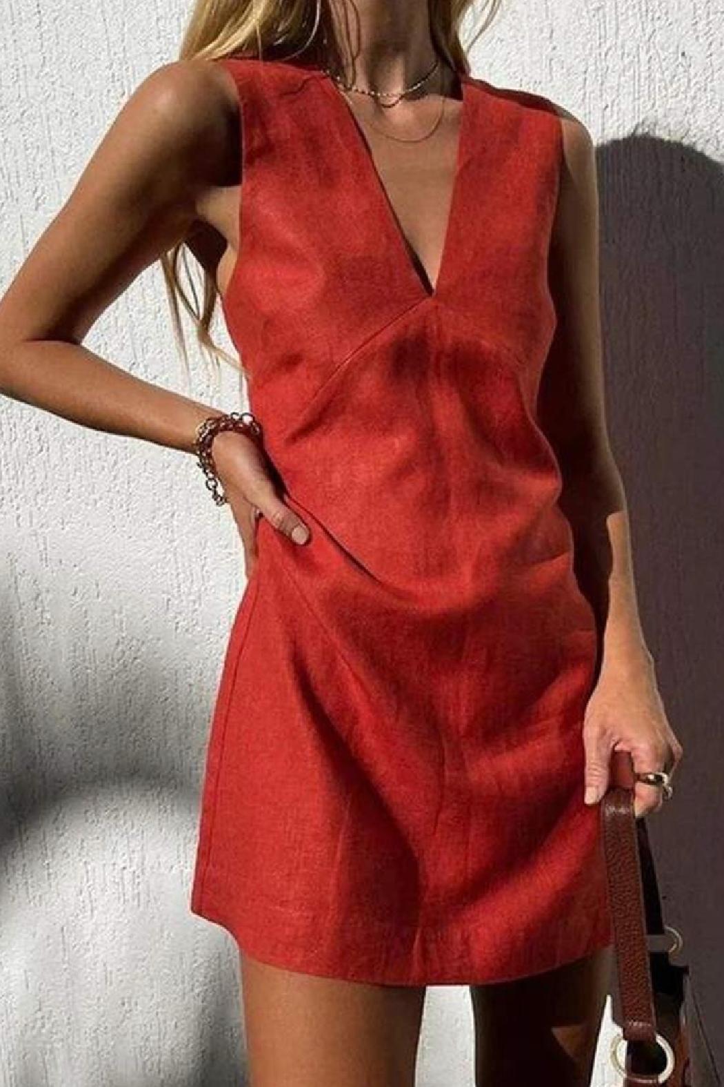 Linen V Neck Mini Dress Product Image