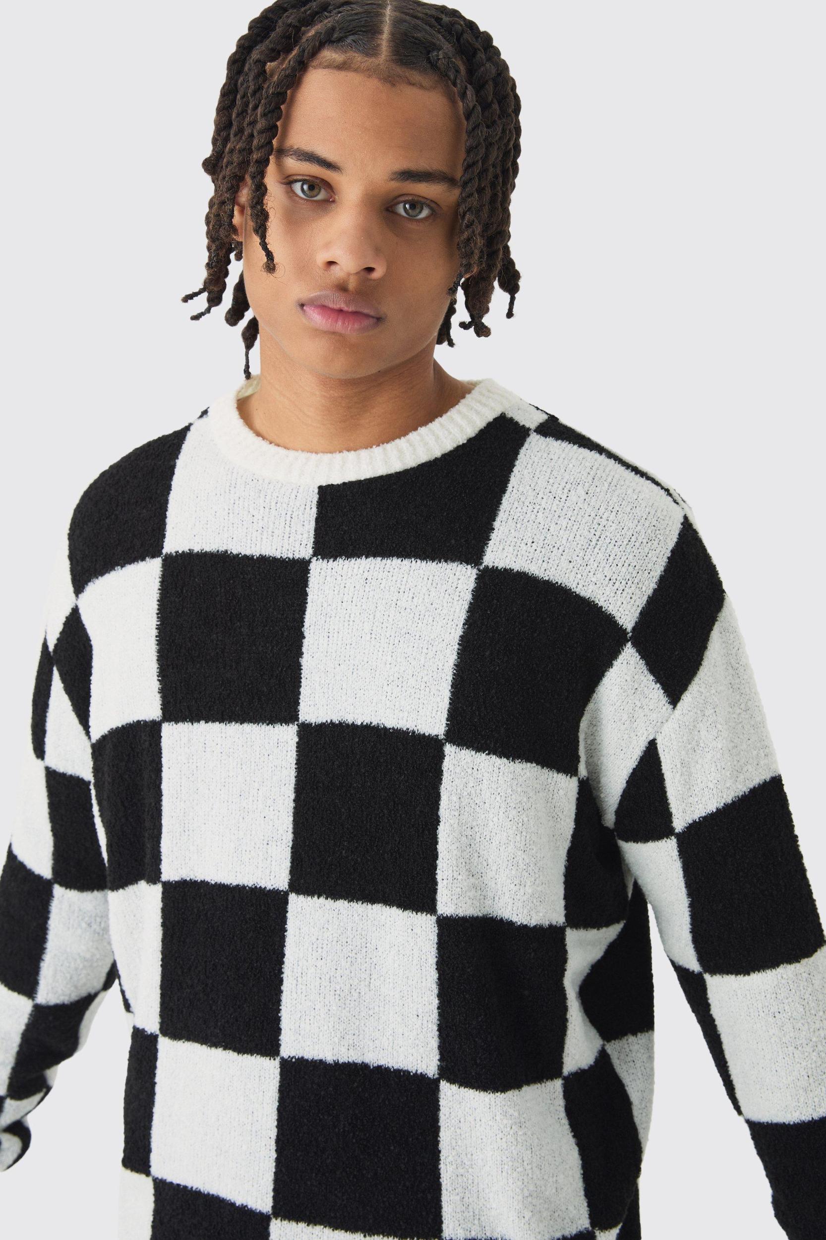 Boucle Knit Checkered Crew Neck Sweater | boohooMAN USA Product Image