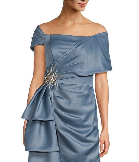 Terani Couture Satin Off The Shoulder Neck Short Sleeve Front Rhinestone Drape Gown Product Image