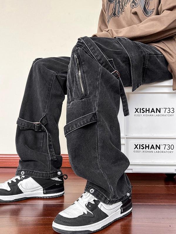 Men's Zipper Lace Up Decor Cargo Jeans Product Image