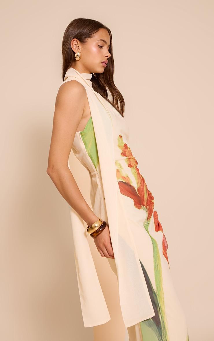 Cream Floral Print Chiffon High Neck Mxi Dress Product Image