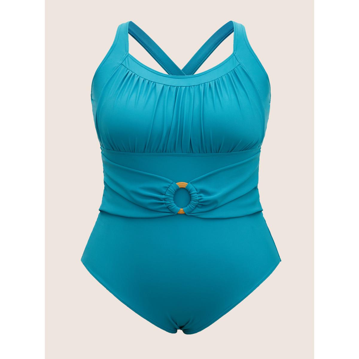 Plus Size Solid Buckle Detail Gathered One Piece Swimsuit Women's Swimwear Teal Beach Non Curve Bathing Suits High stretch One Pieces BloomChic 14-16/1X Product Image