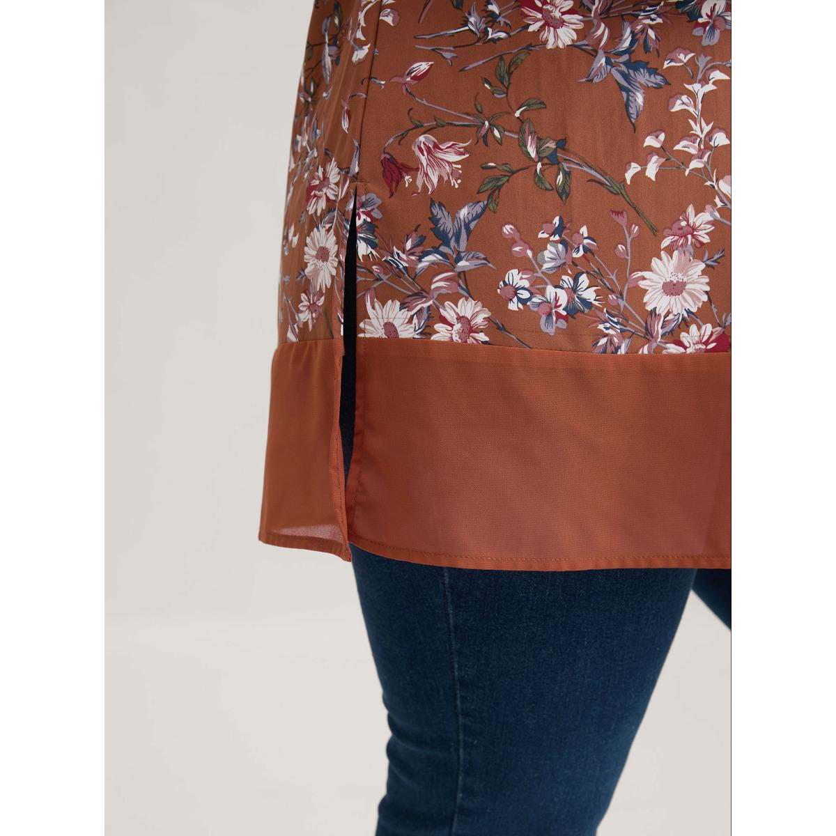 Plus Size Browncoffeecolor Garden Print Spliced V-Neck Blouse Women Romantic Short sleeve V-neck Elegant Blouses BloomChic 22-24/3X Product Image