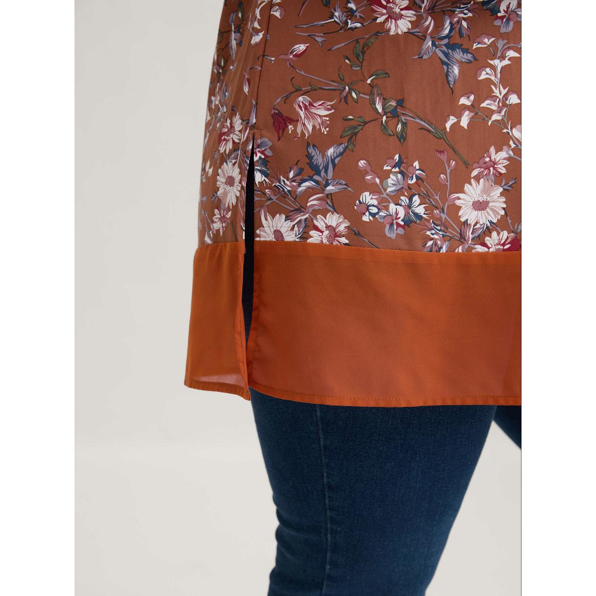 Plus Size Browncoffeecolor Garden Print Spliced V-Neck Blouse Women Romantic Short sleeve V-neck Elegant Blouses BloomChic 22-24/3X Product Image