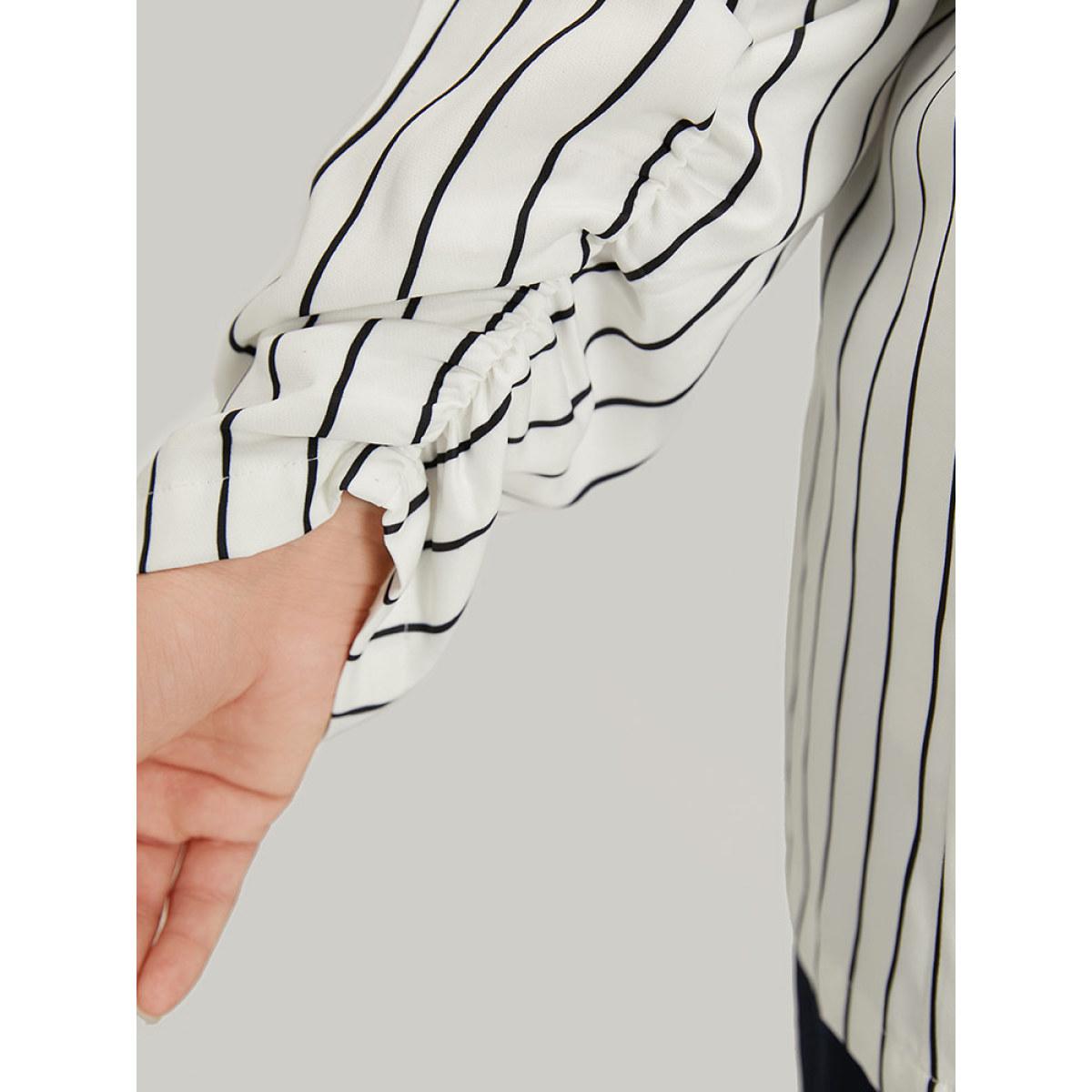 Plus Size Striped Pocket Gathered Lapel Collar Blazer White Women Work Striped Gathered Sleeve Long Sleeve Lapel Collar 18-20/2X Pocket Office Blazers BloomChic Product Image