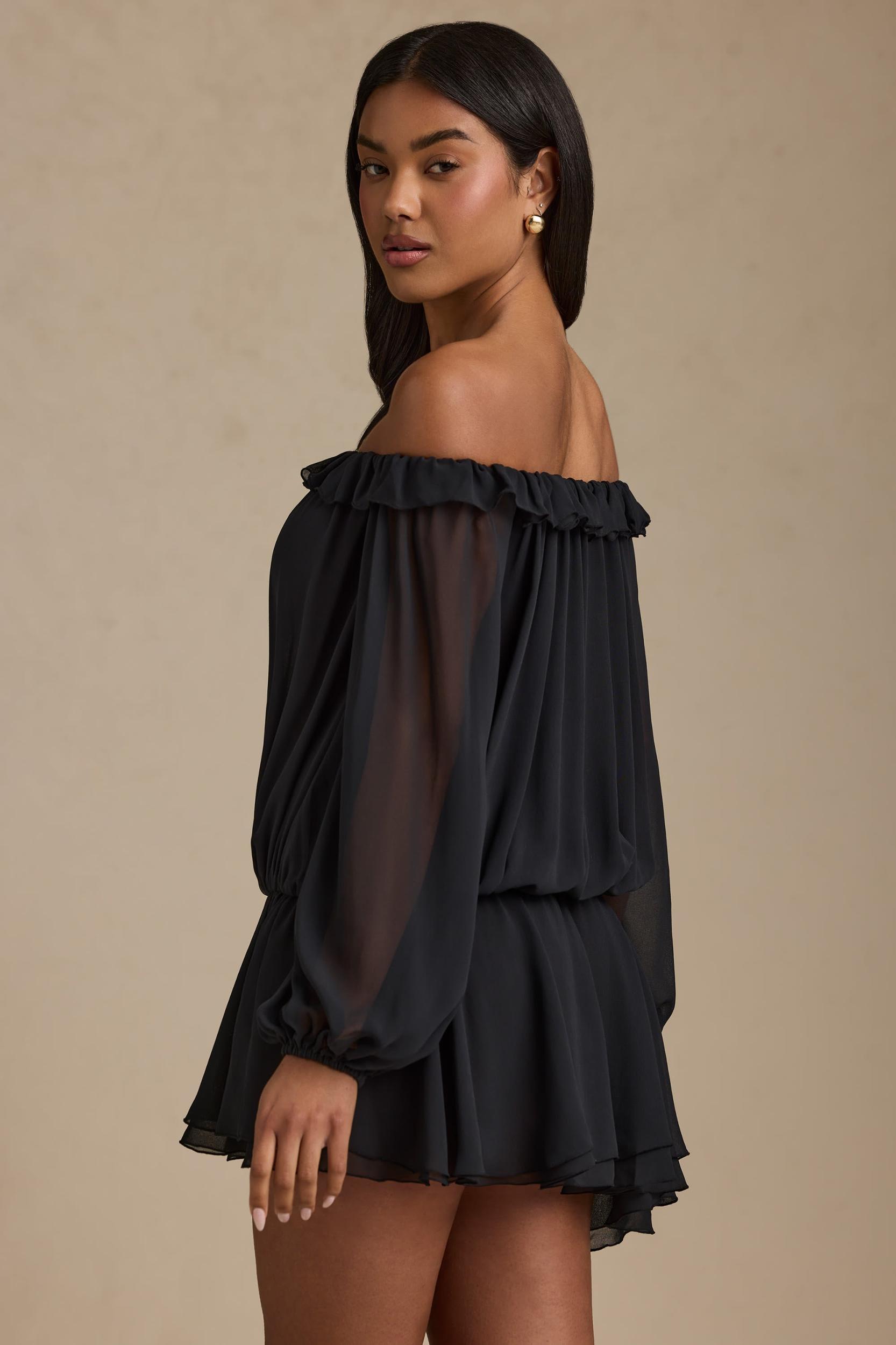 Off-Shoulder Asymmetric Balloon-Sleeve Mini Dress in Black Product Image