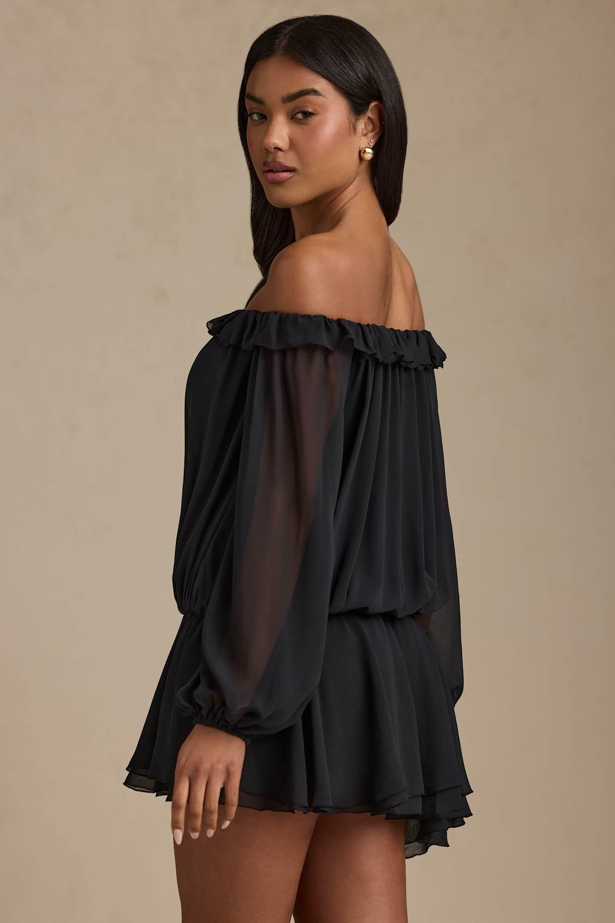 Off-Shoulder Asymmetric Balloon-Sleeve Mini Dress in Black Product Image