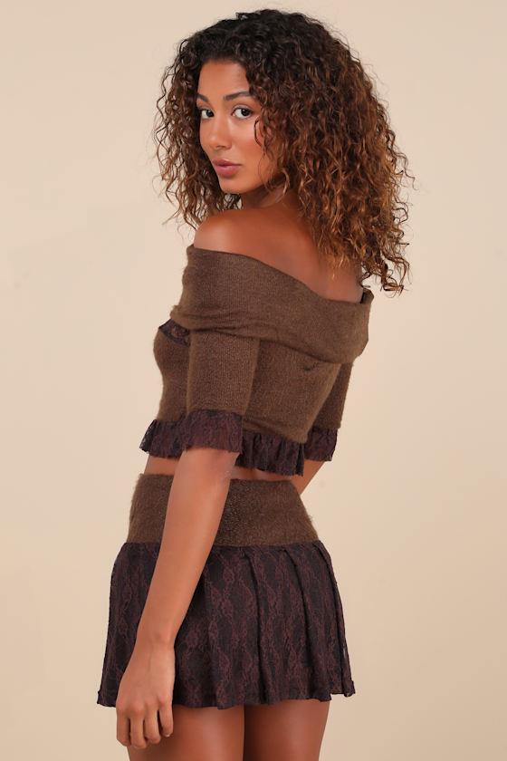 Give Me One Sec Brown Fuzzy Lace Mini Skirt Product Image