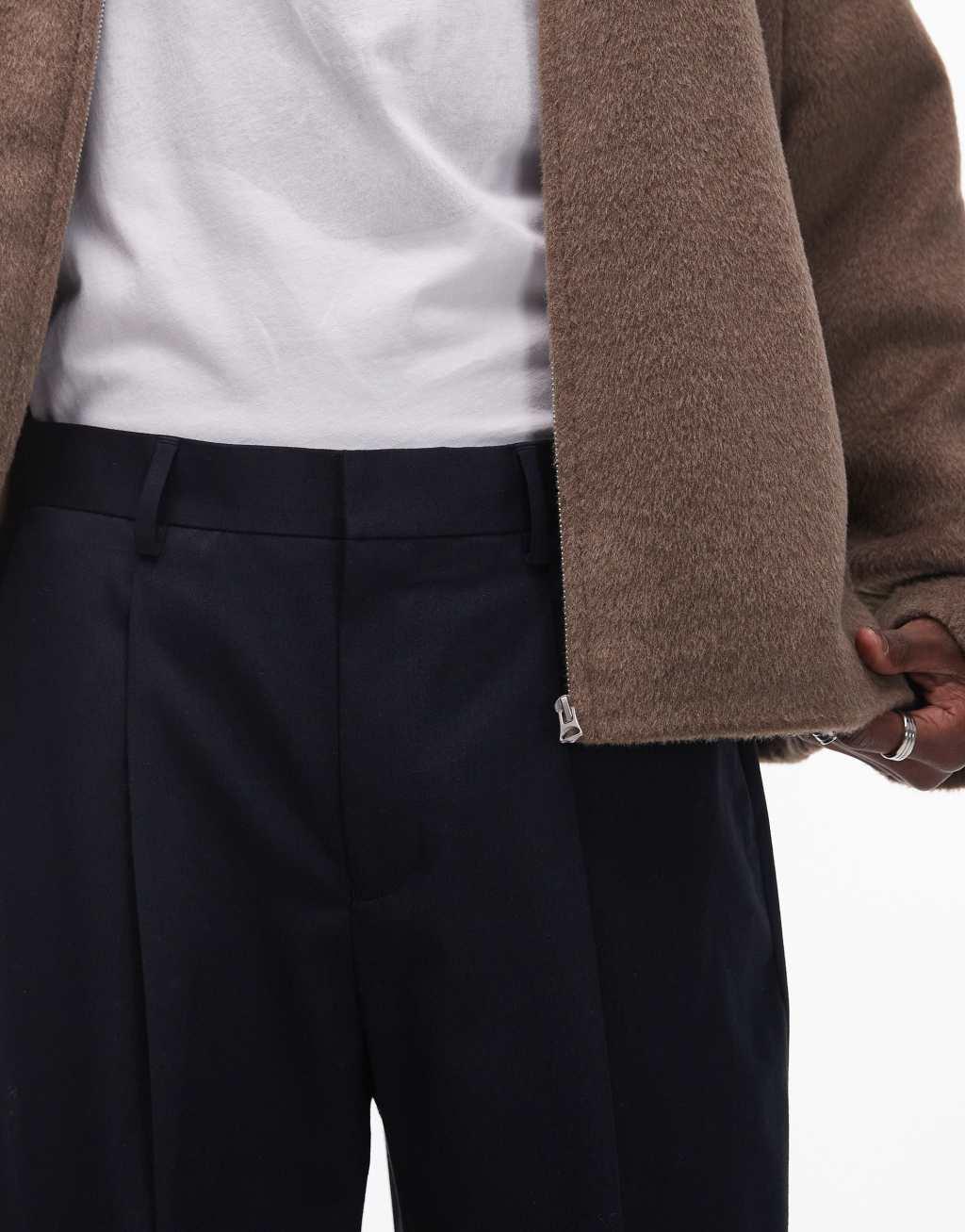 Topman wide leg pleated dress pants in navy Product Image