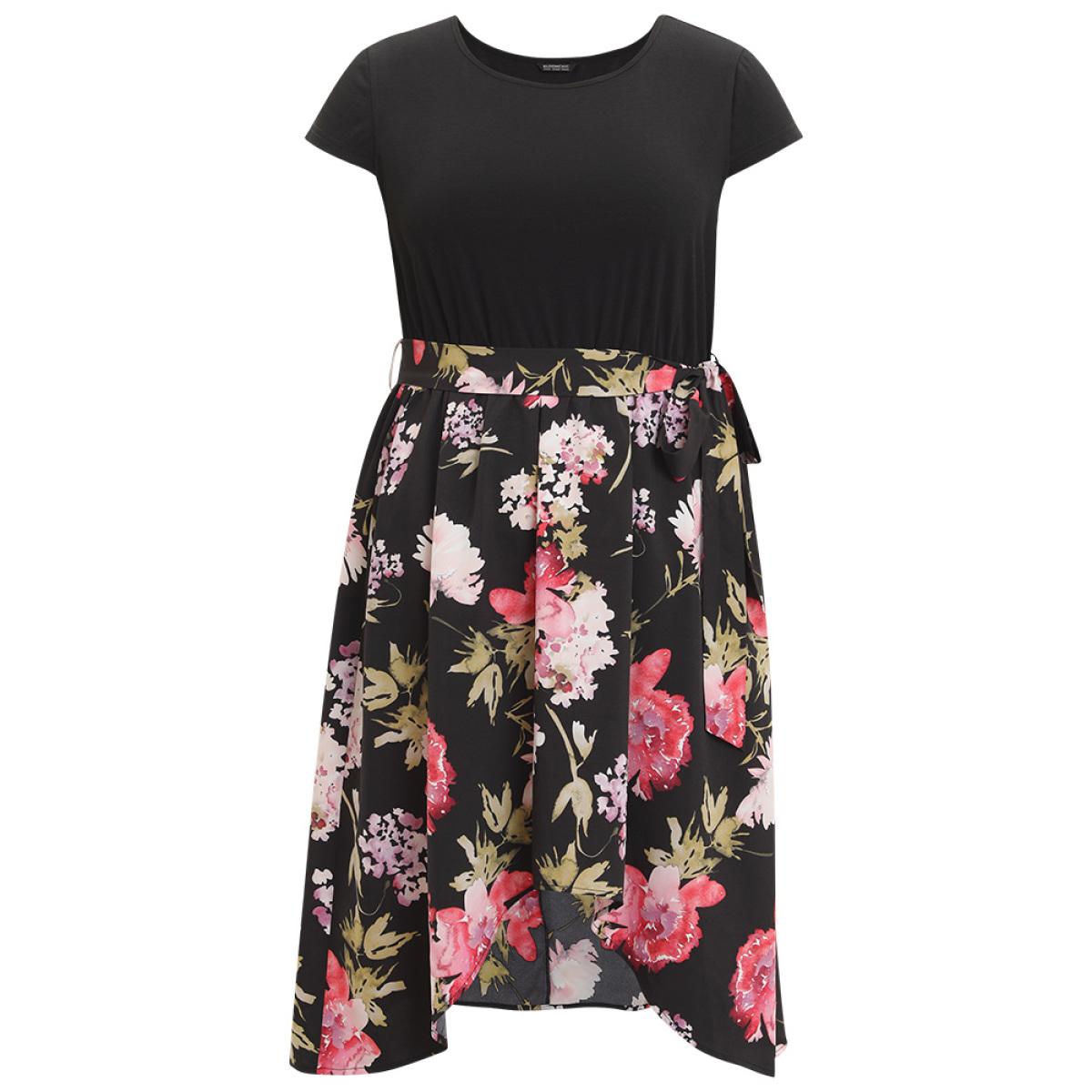 Plus Size Floral Print Patchwork Pocket Belted Asymmetrical Hem Dress Black Women Glamour Plain Round Neck Short sleeve Curvy Midi Dress BloomChic 18-20/2X Product Image