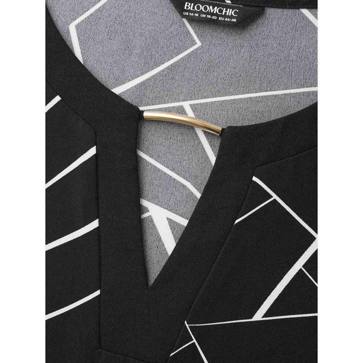 Plus Size Black Geometric Print Metal Detail Spliced Blouse Women At the Office Elbow-length sleeve Round Neck Office Blouses BloomChic 18-20/2X Product Image