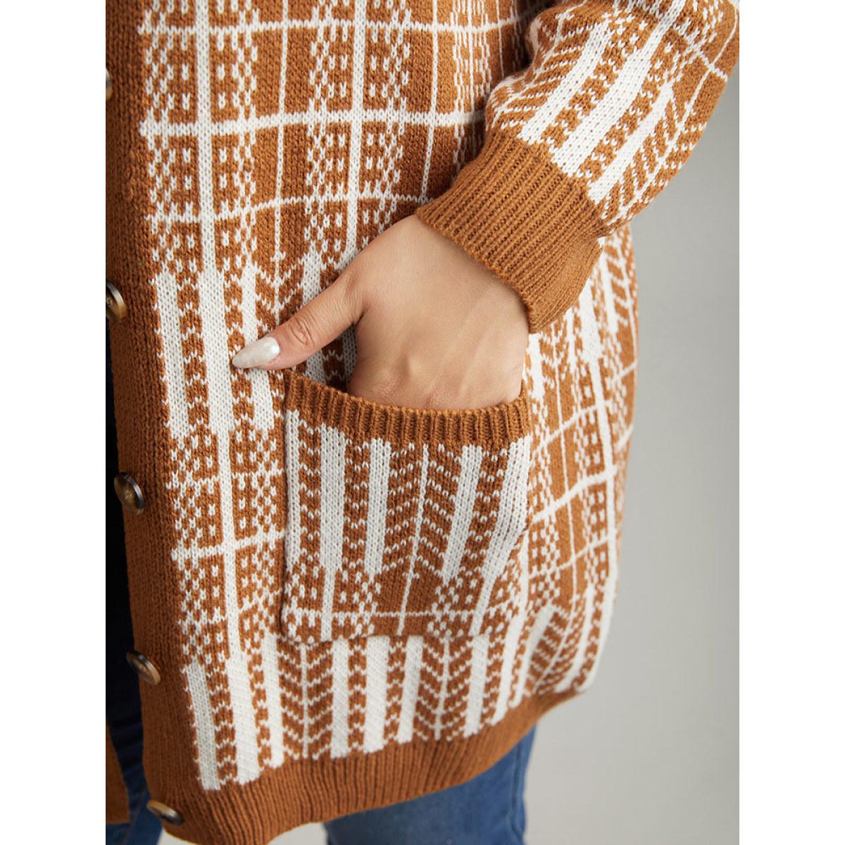 Plus Size Boho Print Contrast Pocket Open Front Cardigan Chocolate Women Casual Loose Long Sleeve Dailywear Cardigans BloomChic 30/6X Product Image