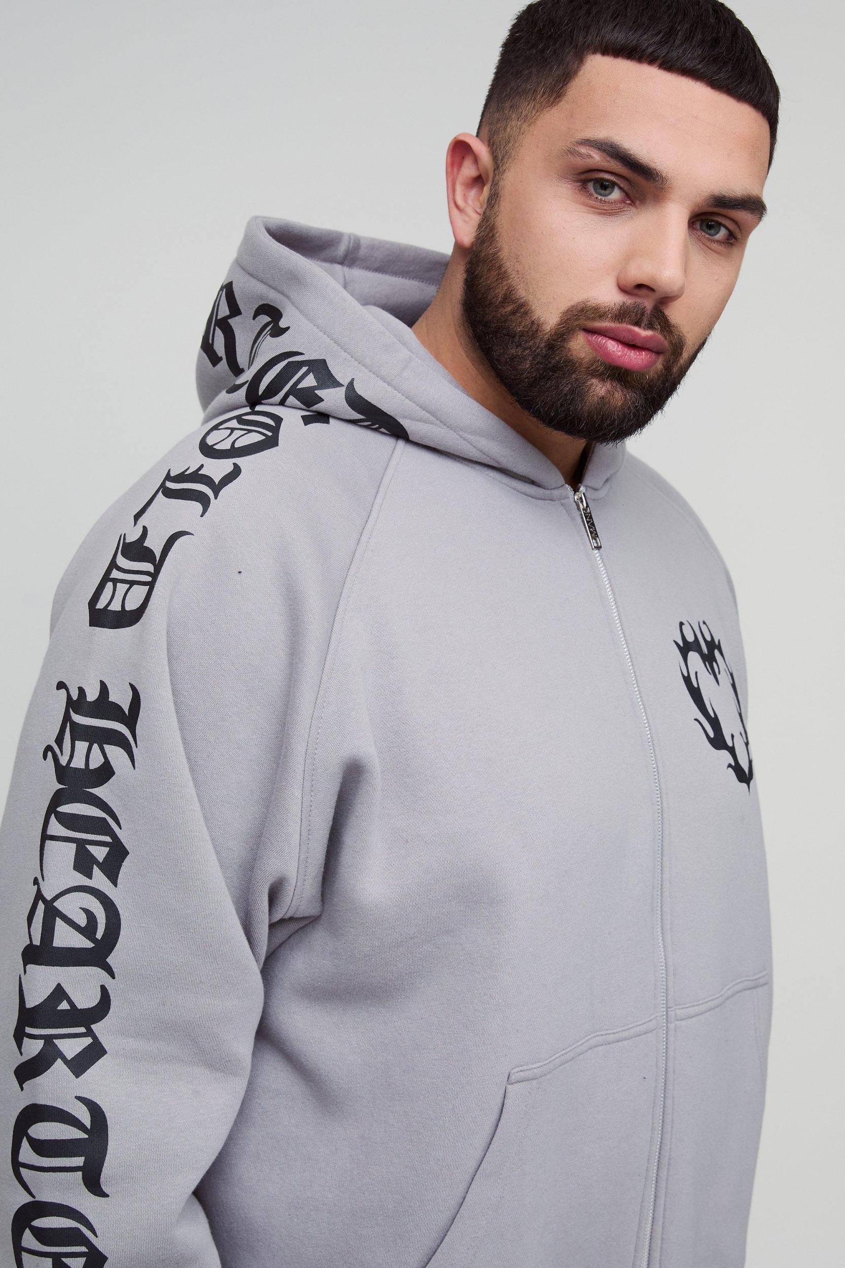 Plus Oversized Boxy Gothic Heart Print Gusset Hooded Tracksuit | boohooMAN USA Product Image