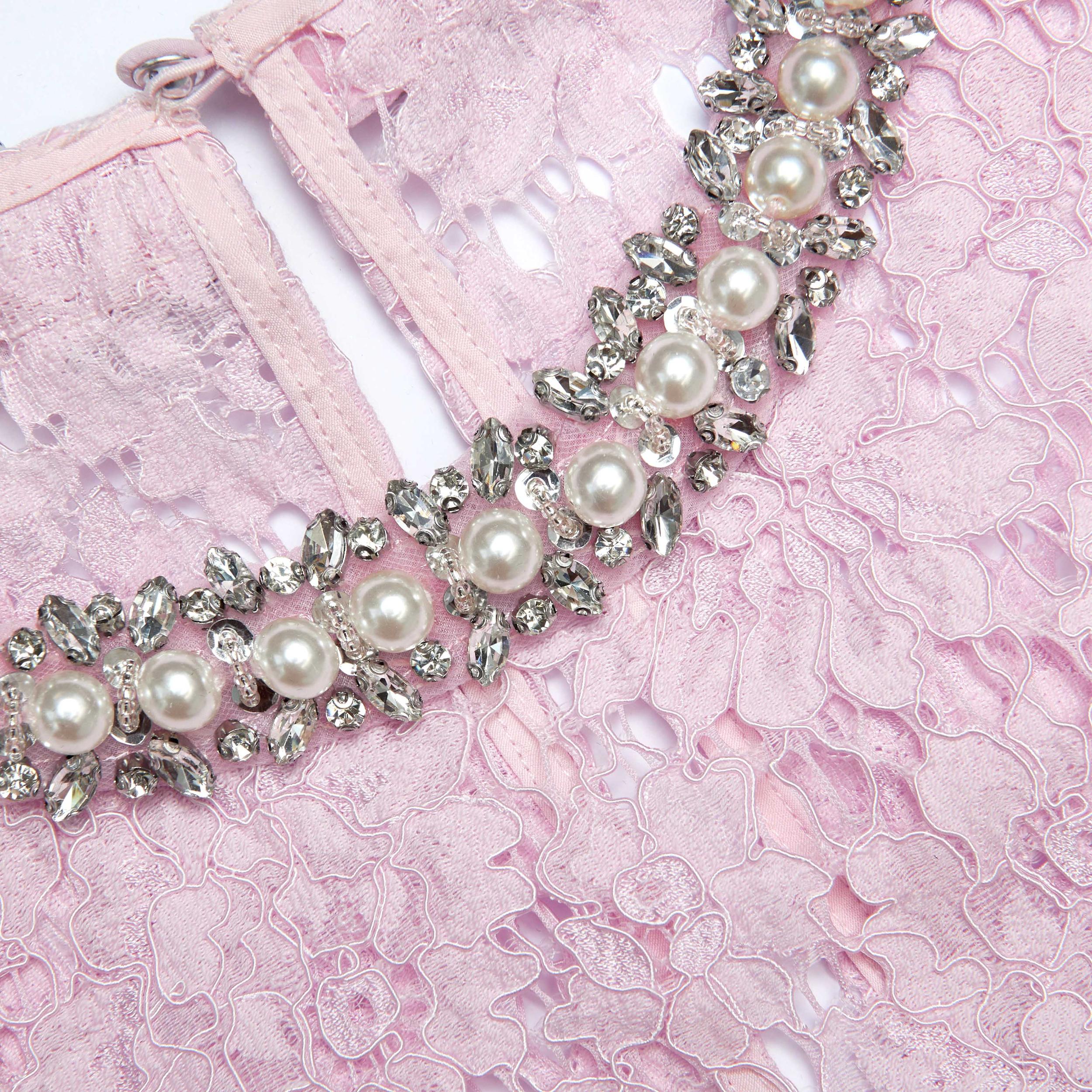 Pink Fine Lace Pearl Midi Dress Product Image