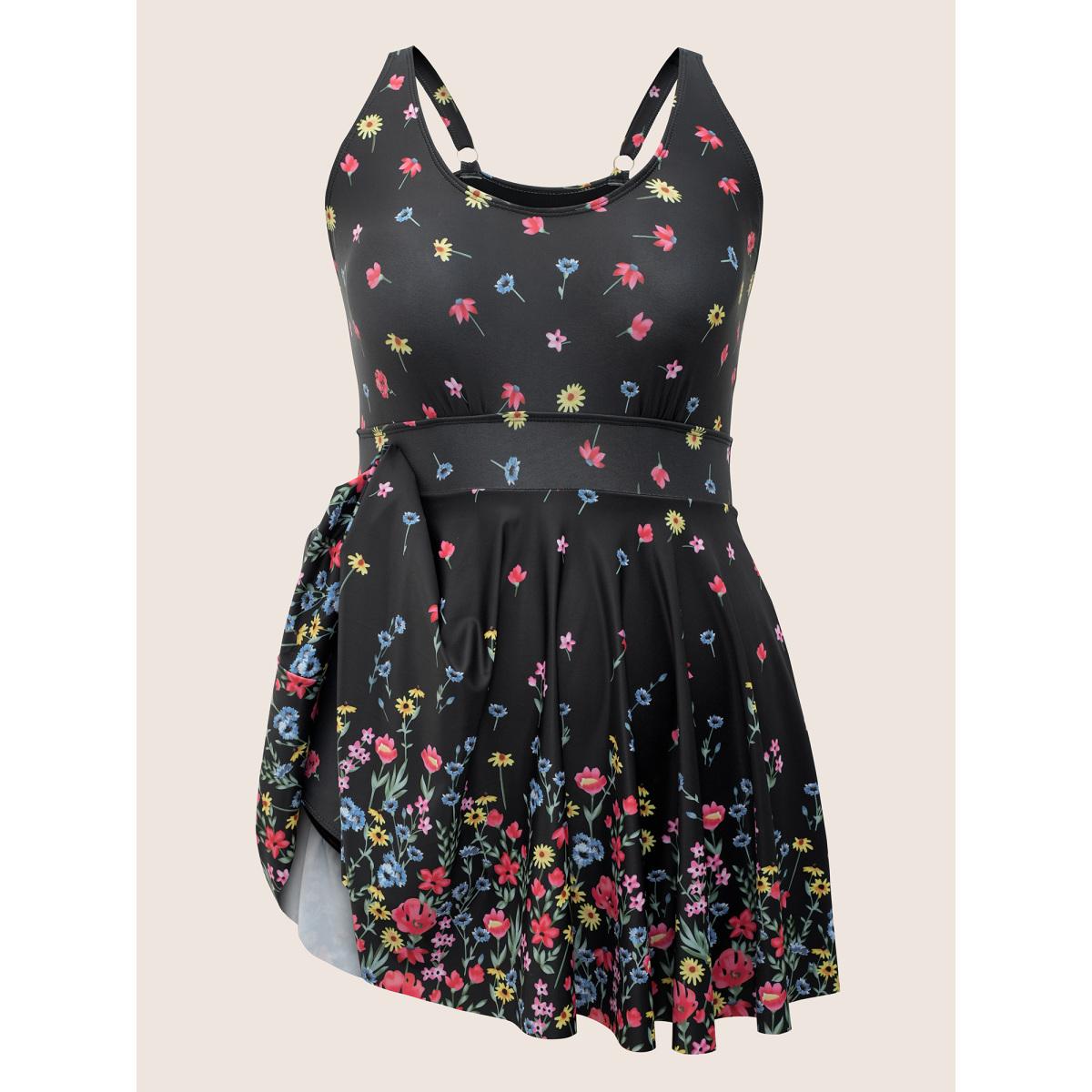 Plus Size Ditsy Floral Lined Spaghetti Strap Swim Dress Women's Swimwear Black Beach Bodycon U-neck High stretch Curve Swim Dresses BloomChic 18-20/2X Product Image