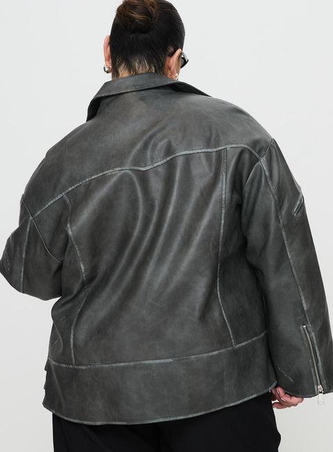 Magnets Faux Leather Jacket Washed Charcoal Curve Product Image