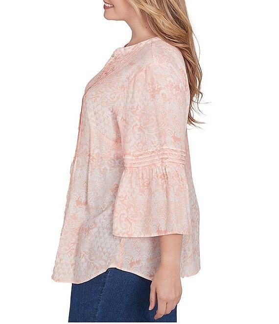 Ruby Rd. Plus Size Soft Silky Slub Patchwork Band V-Neck 3/4 Bell Sleeve Pleated Flowy Blouse Product Image
