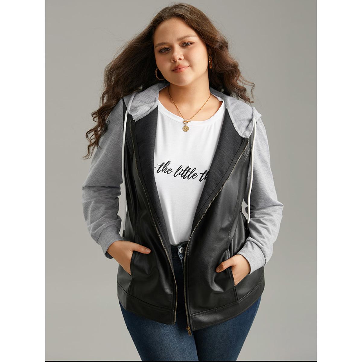Plus Size PU Leather Zipper Hooded Drawstring Jacket Women Black Contrast Pocket Everyday Jackets BloomChic 22-24/3X Product Image