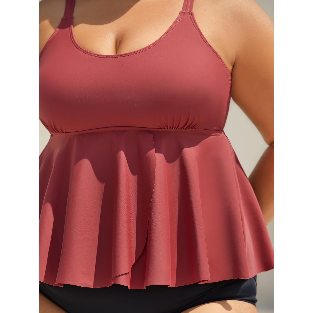 Plus Size Curvy Split Hem Flared Swim Top Women's Swimwear Russet Beach Slit High stretch Bodycon U-neck Curve Swim Tops BloomChic 14-16/1X Product Image