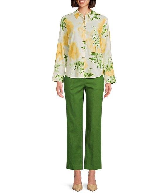 Investments Woven Pineapple Print Long Sleeve Point Collar Button Front Top Product Image