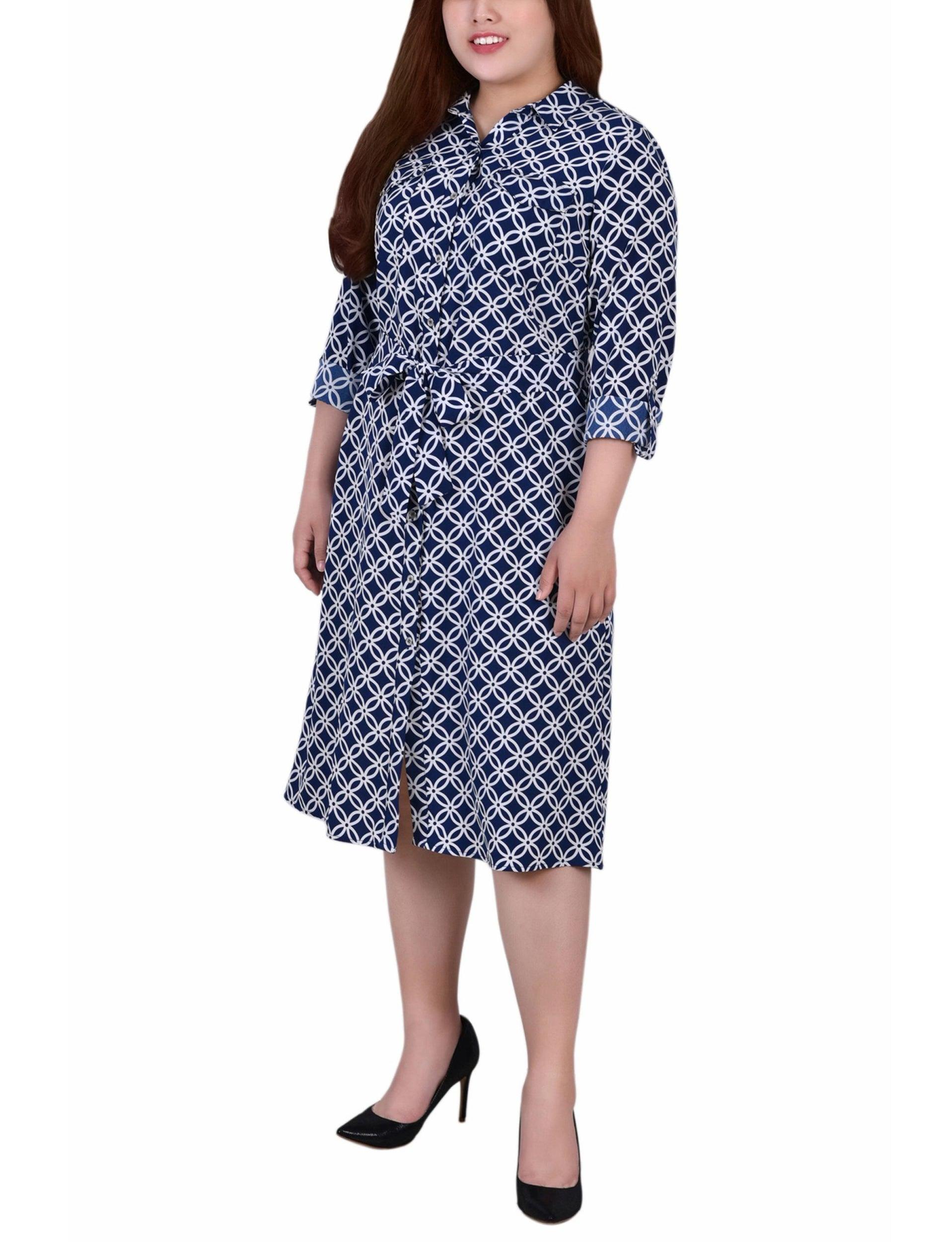 Navy Iconic 3/4 Roll Tab Sleeve Belted Shirtdress - Plus Product Image