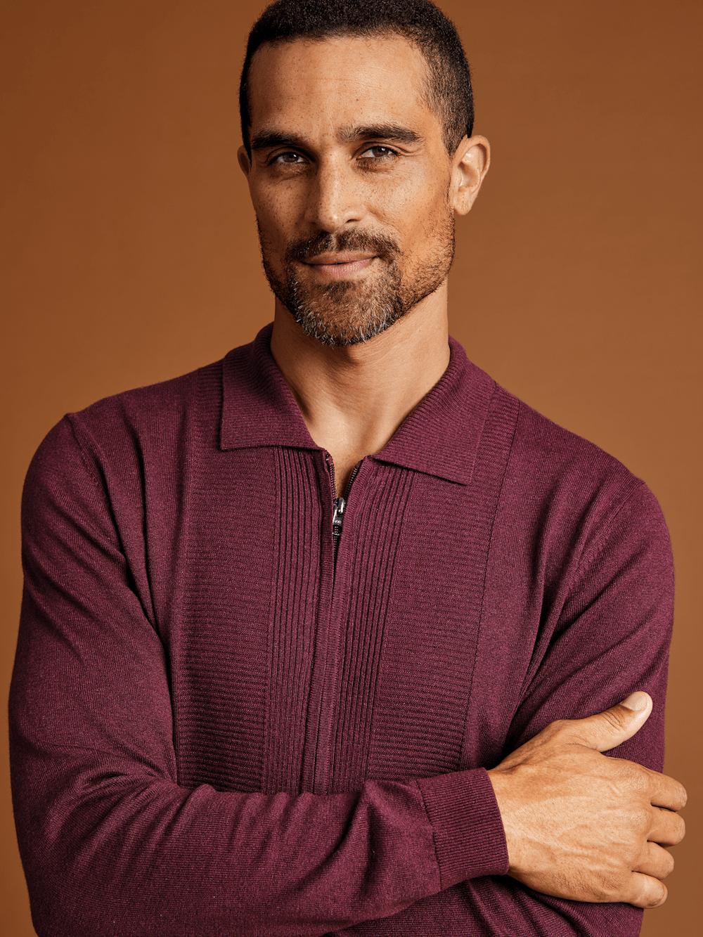 Silk Cotton Cashmere Full Zip Polo - Wine Product Image