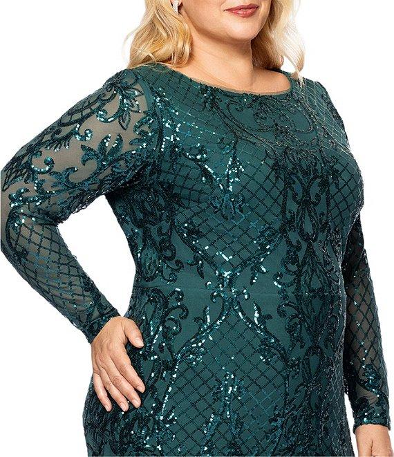 Betsy & Adam Plus Size Sequin Round Neck Long Sleeve Gown Product Image