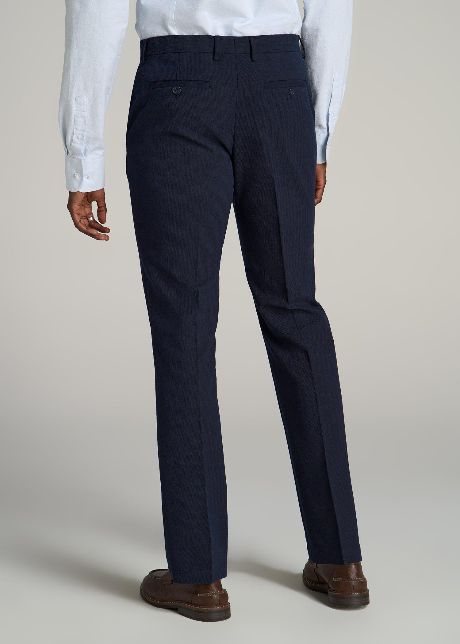 Textured Garment Washed Stretch Cotton Suit Pants for Tall Men in Evening Blue Male Product Image