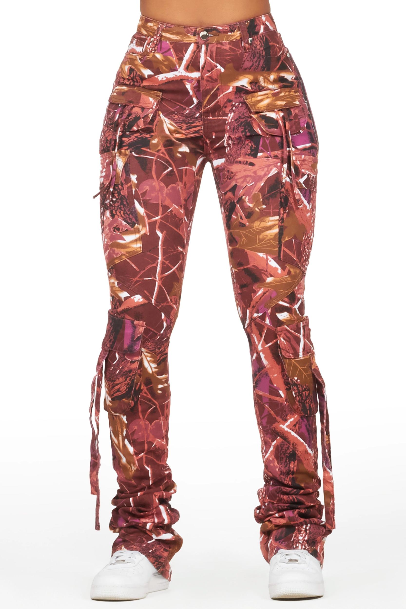 Rakesha Burgundy Tree Camo Cargo Super Stacked Jean Female Product Image