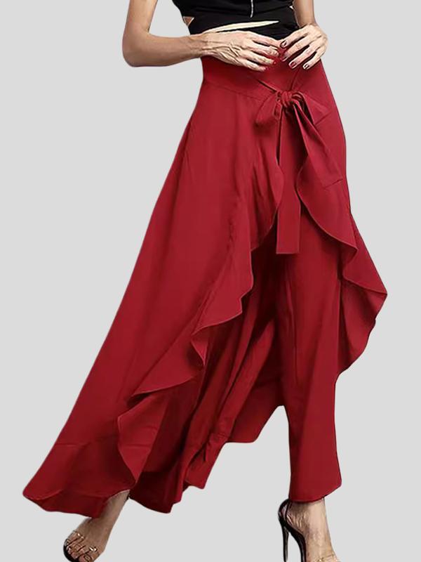 Loose Ruffle Trim Solid Color Split-Joint Tied Waist Zipper Culotte Product Image
