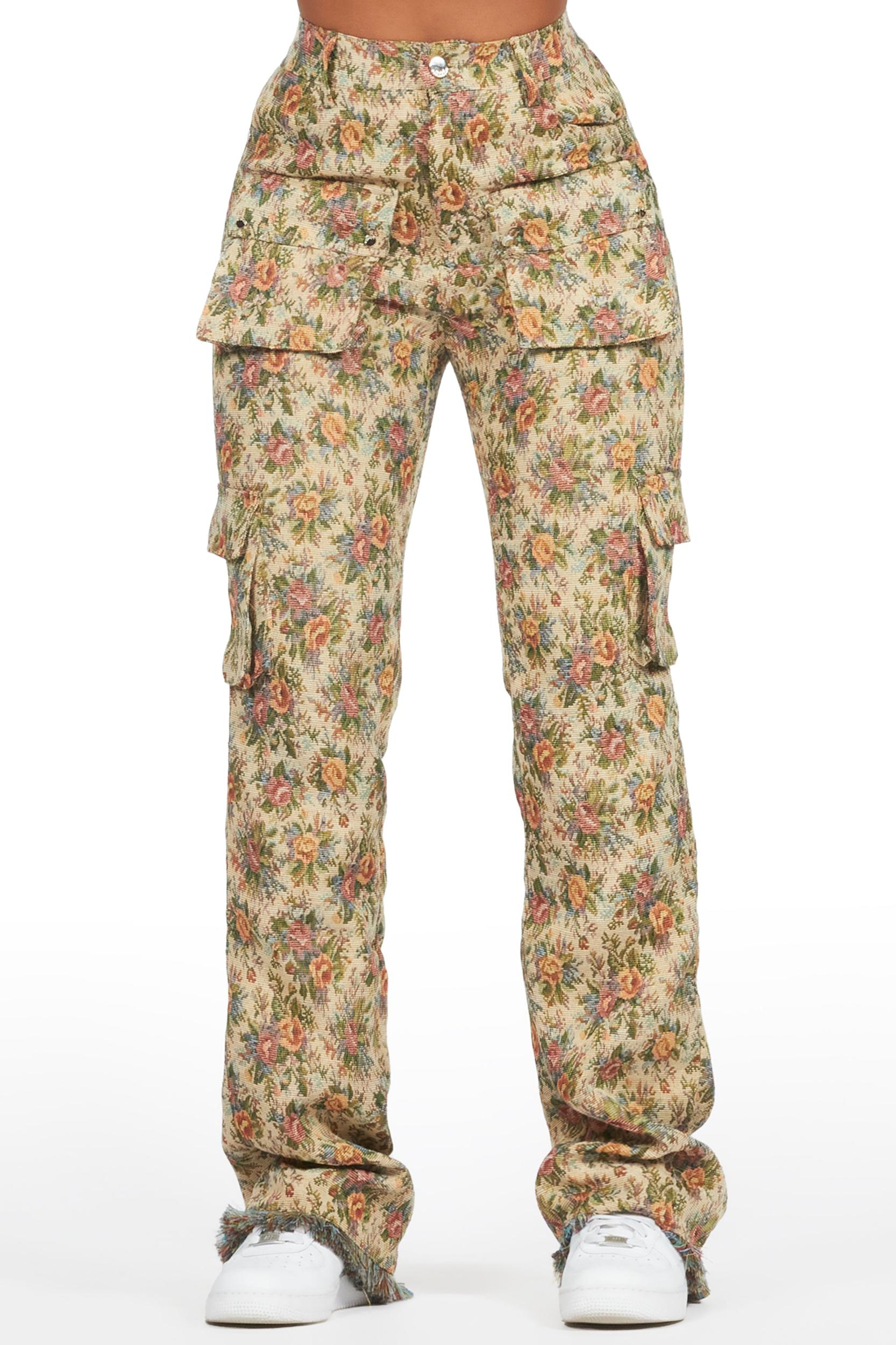 Niyah Tan Floral Tapestry Stacked Pant Female Product Image