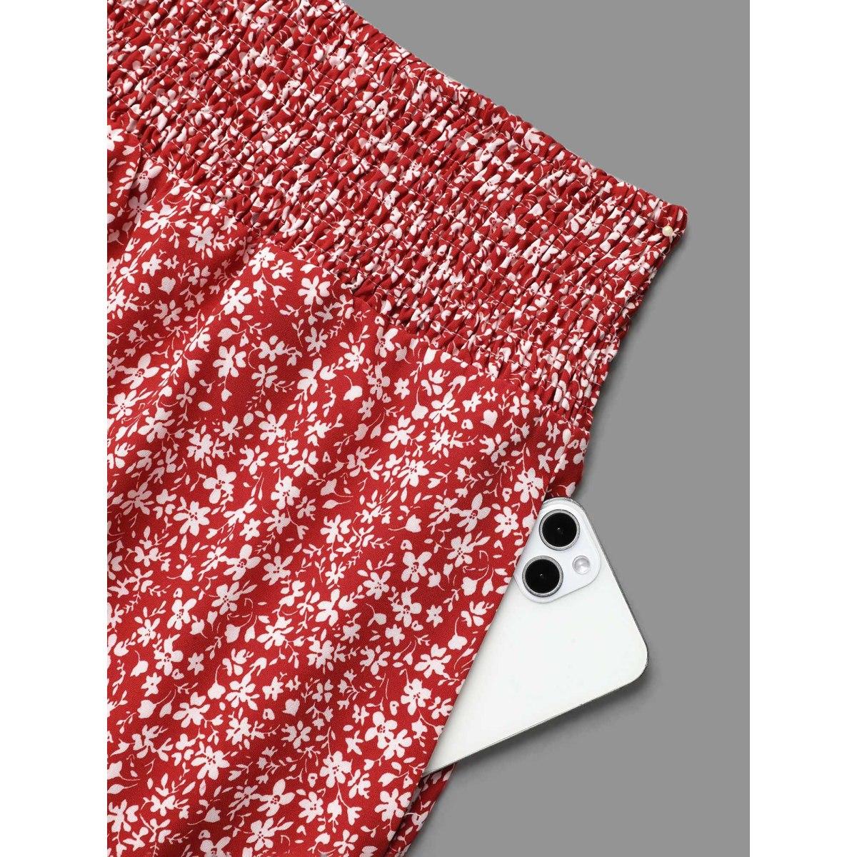 Plus Size Romantic Floral Waist Shirred Midi Skirt Women Crimson Timeless Shirred No stretch Side seam pocket Elegant Skirts BloomChic 28/5X Product Image