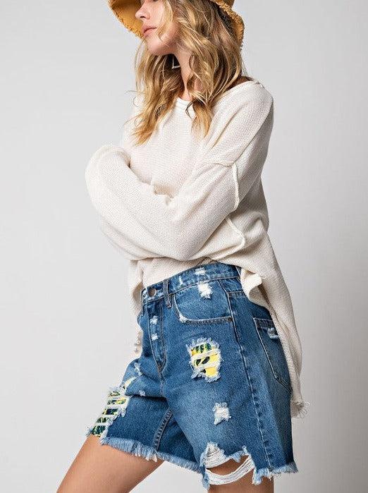 Tropical Destroyed Denim Shorts Product Image