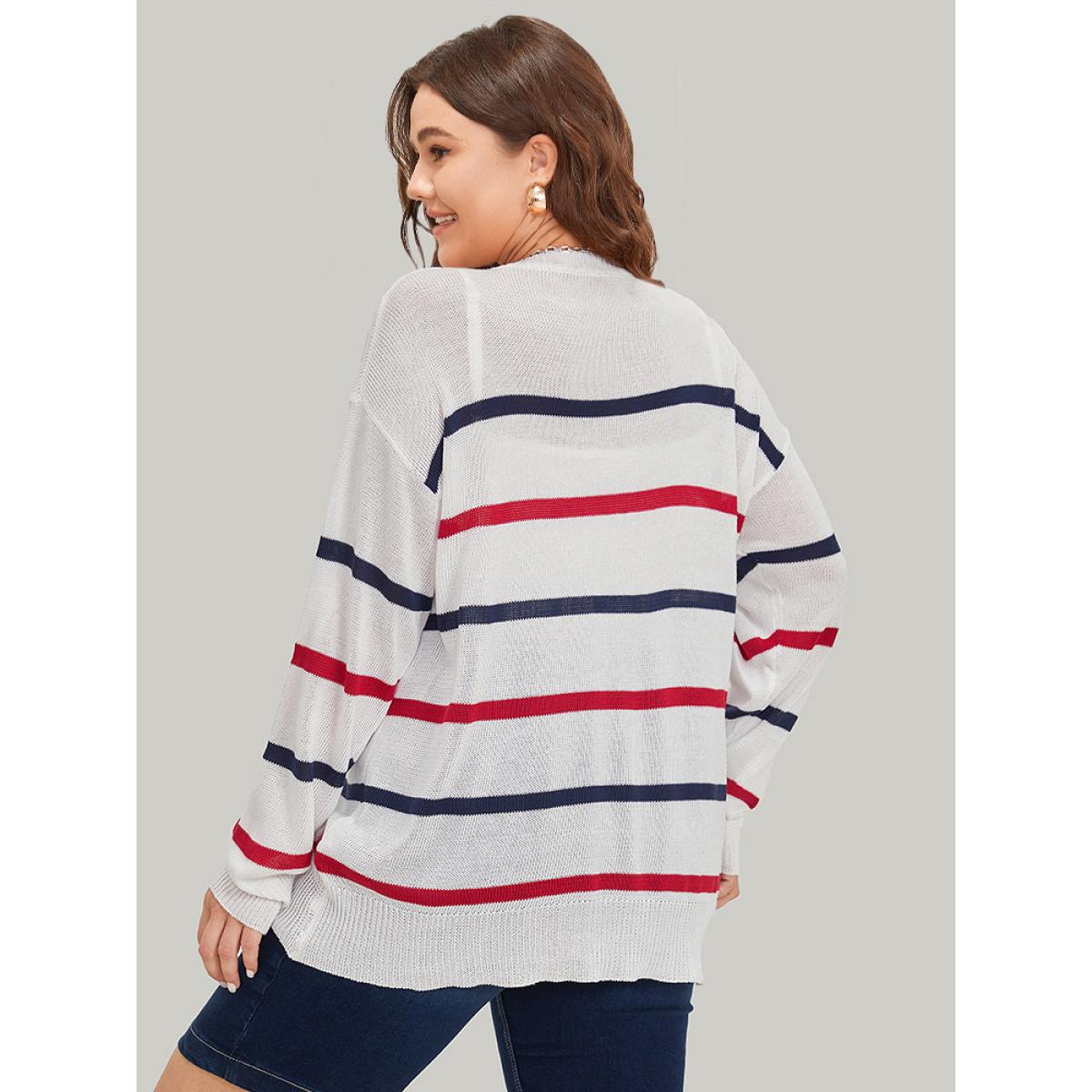 Plus Size Striped Contrast Drop Shoulder Pullover White Women Casual Bodycon Long Sleeve Round Neck Dailywear Pullovers BloomChic 18-20/2X Product Image
