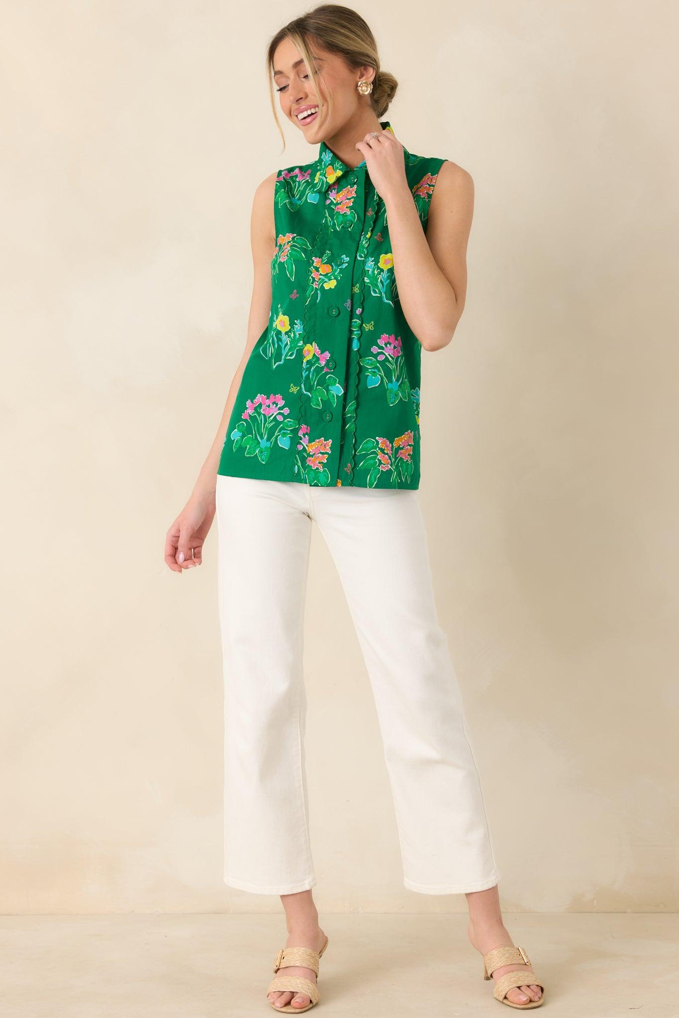 Prosperina Hope Green Multi Floral Cotton Sleeveless Top Product Image