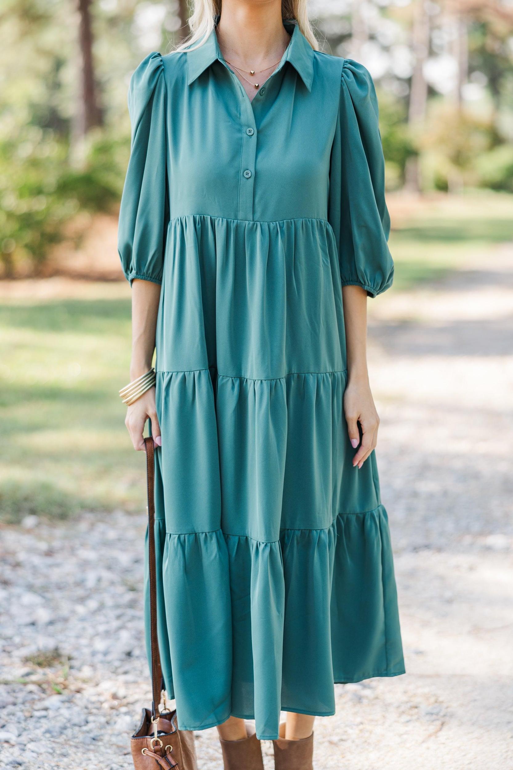Love Found Sage Green Tiered Midi Dress Female Product Image