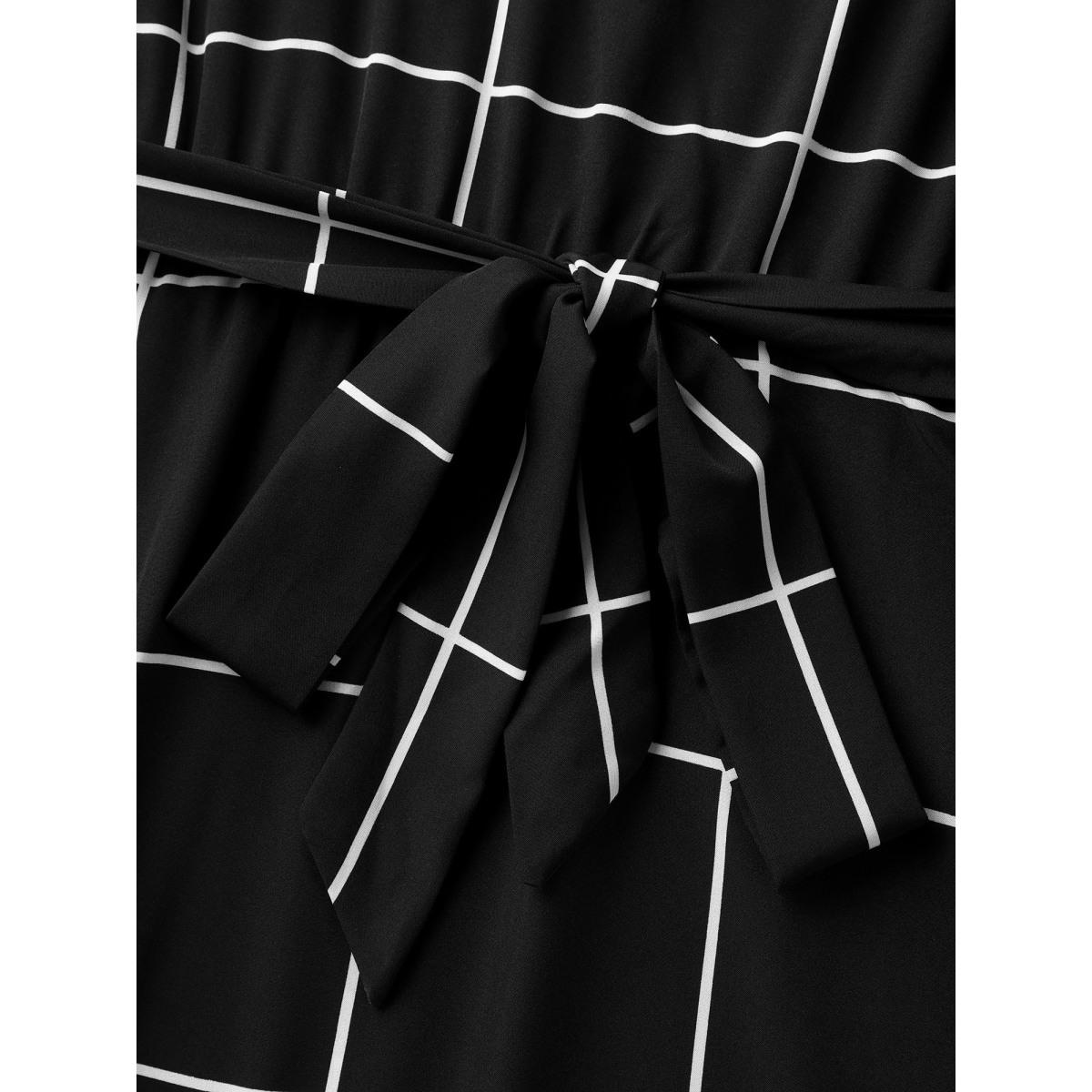 Plus Size Checkered Print Belted Pockets Midi Dress Black Women Office Belted Flat collar with V-notch Short sleeve Curvy BloomChic 14-16/1X Product Image