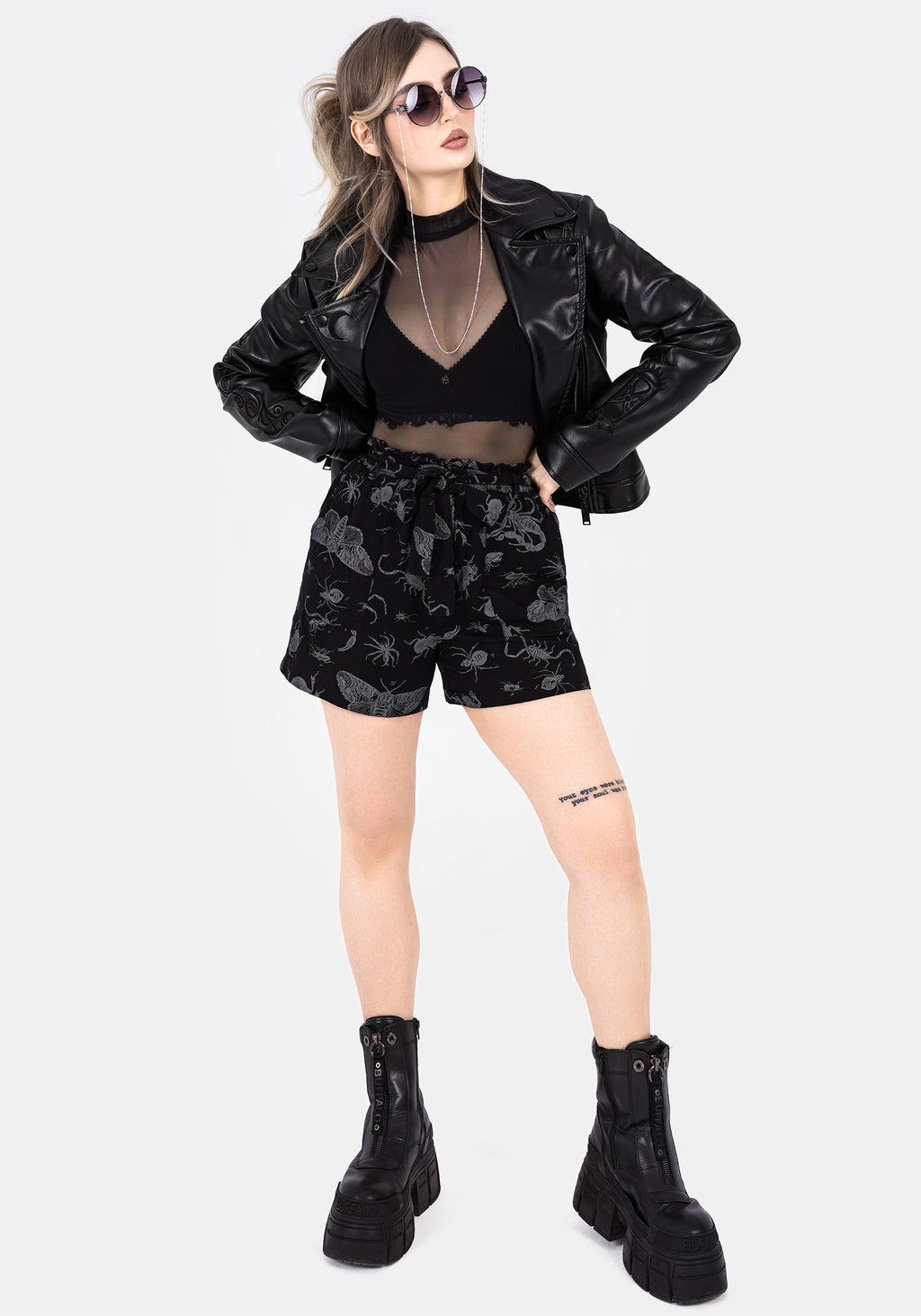 Parasite Bugs Tie Waist Paperbag Shorts - Black Product Image
