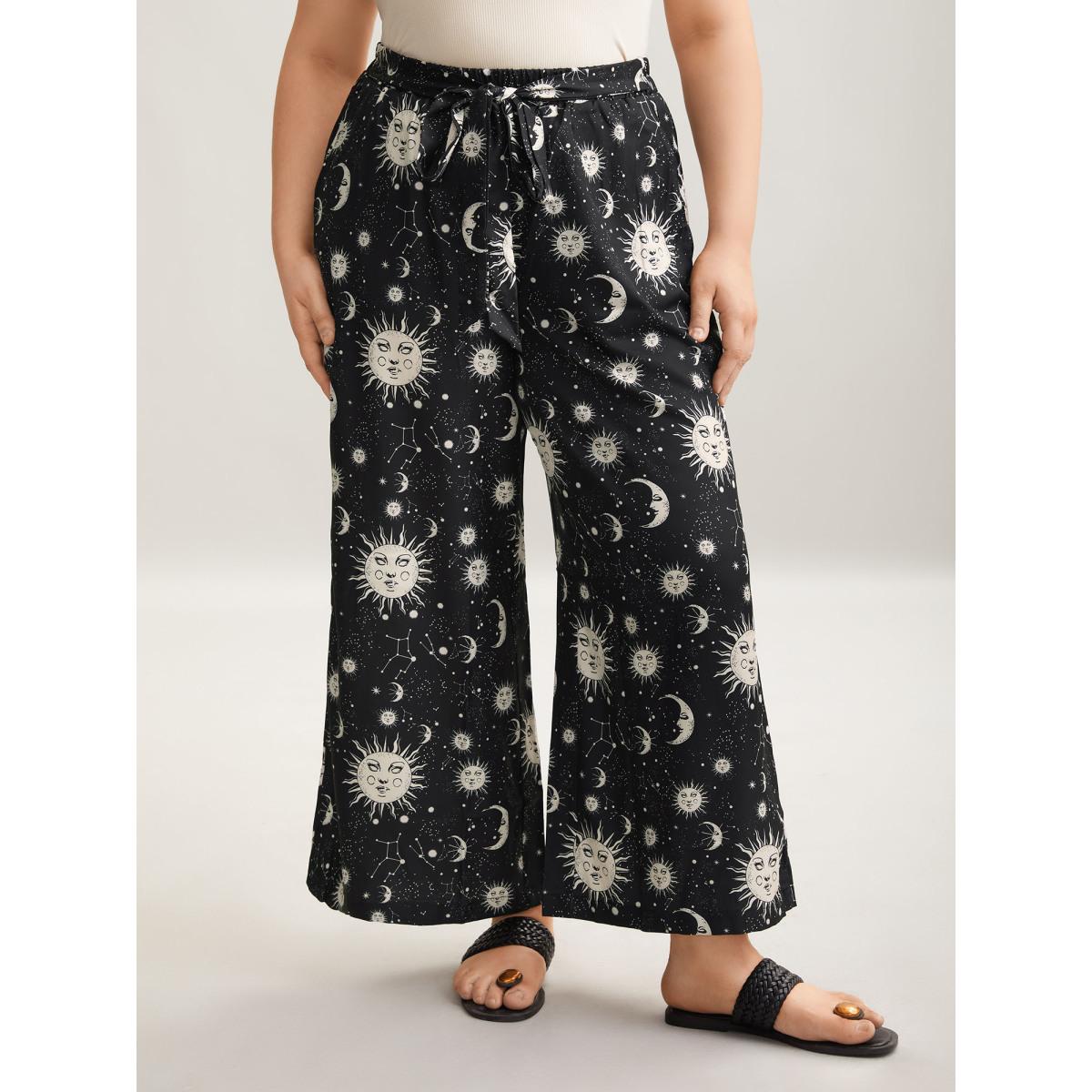 Plus Size Silhouette Floral Print Ties Side Seam Pocket Pants Women BlackFlower Elegant Wide Leg High Rise Everyday Pants BloomChic 18-20/2X Product Image