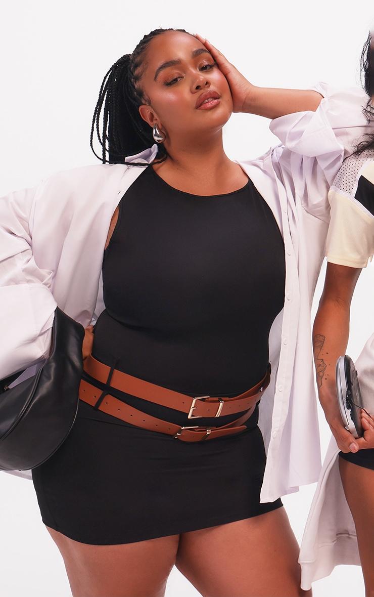 Plus Black Racer Neck Double Belt Skort Romper Product Image