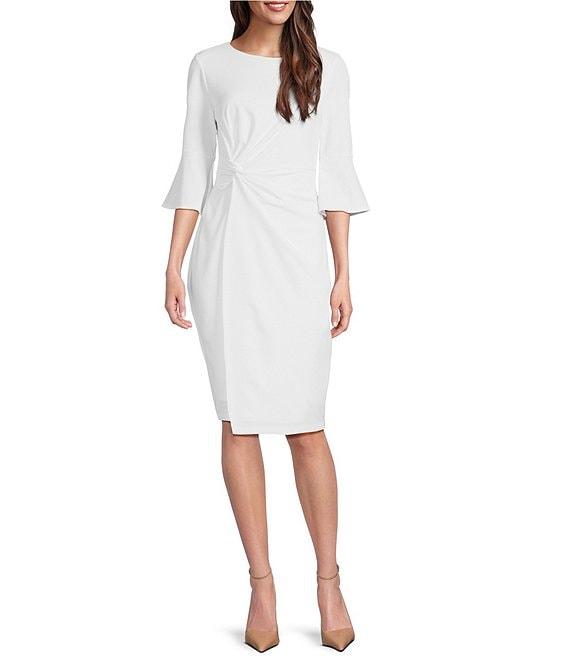 Kensie Stretch Boat Neck Mid Length Bell Sleeve Twist Waist Faux Wrap Skirt Sheath Dress Product Image