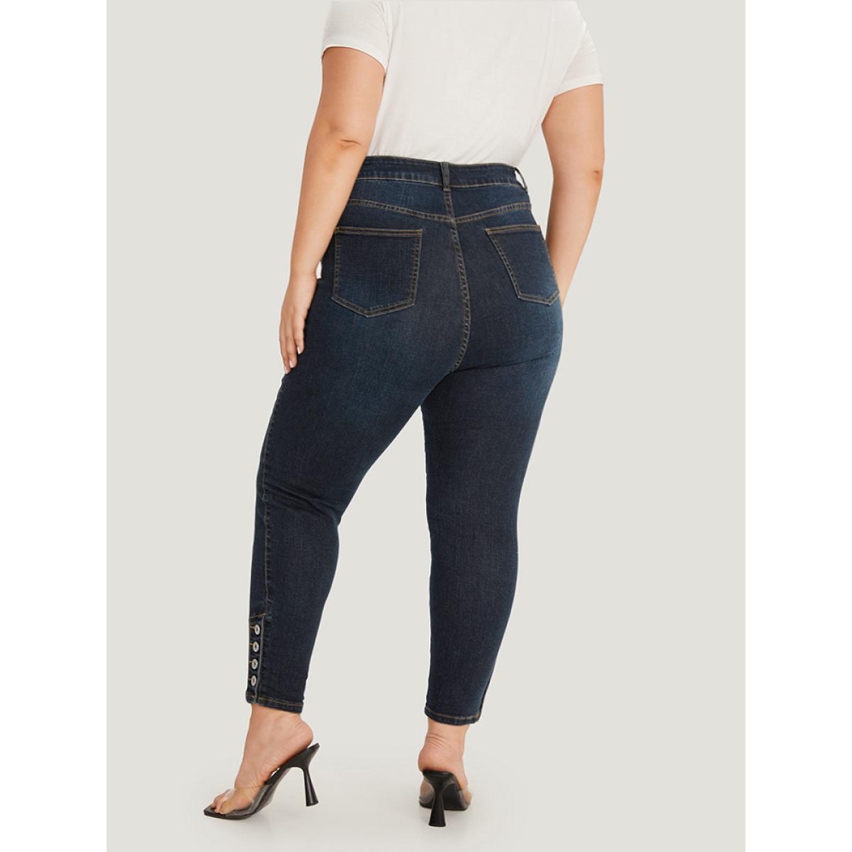Plus Size Plain Button Detail Pocket High Rise Jeans Women Midnight Casual Plain Plain High stretch Pocket Jeans BloomChic 28/5X Product Image