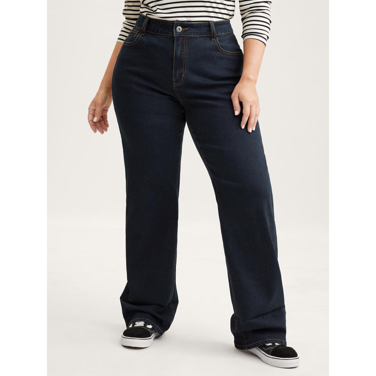 Plus Size Stretch Cuffed Hem Butt-Lifting Straight-Leg Jeans Women Denimindigo Leisure High stretch Slanted pocket Jeans BloomChic 18/2X Product Image