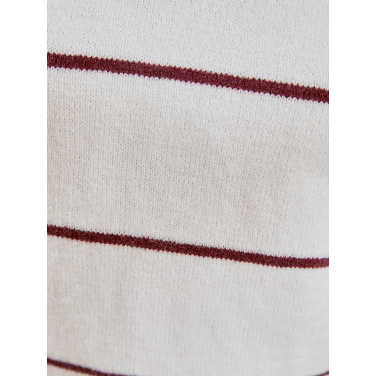 Plus Size Striped Contrast Super Soft Plush Knit V Neck Knit Top Ivory Women Casual Loose Long Sleeve V-neck Dailywear Pullovers BloomChic 28/5X Product Image