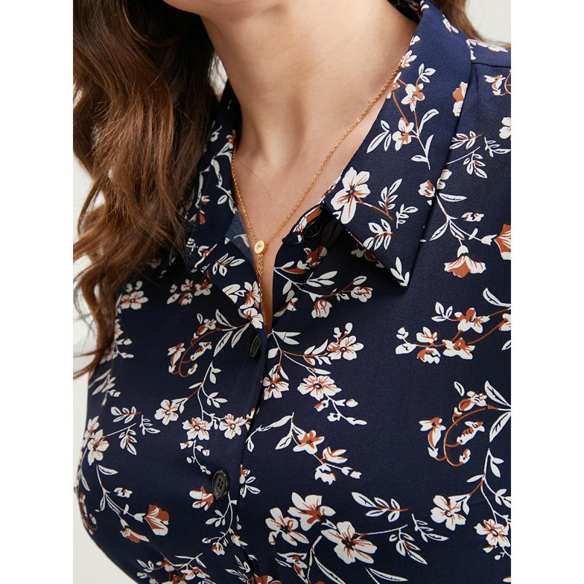 Plus Size Ditsy Floral Pocket Lantern Sleeve Belted Shirt Collar Dress Navy Women Elegant Button Shirt collar Long Sleeve Curvy Midi Dress BloomChic 26/4X Product Image