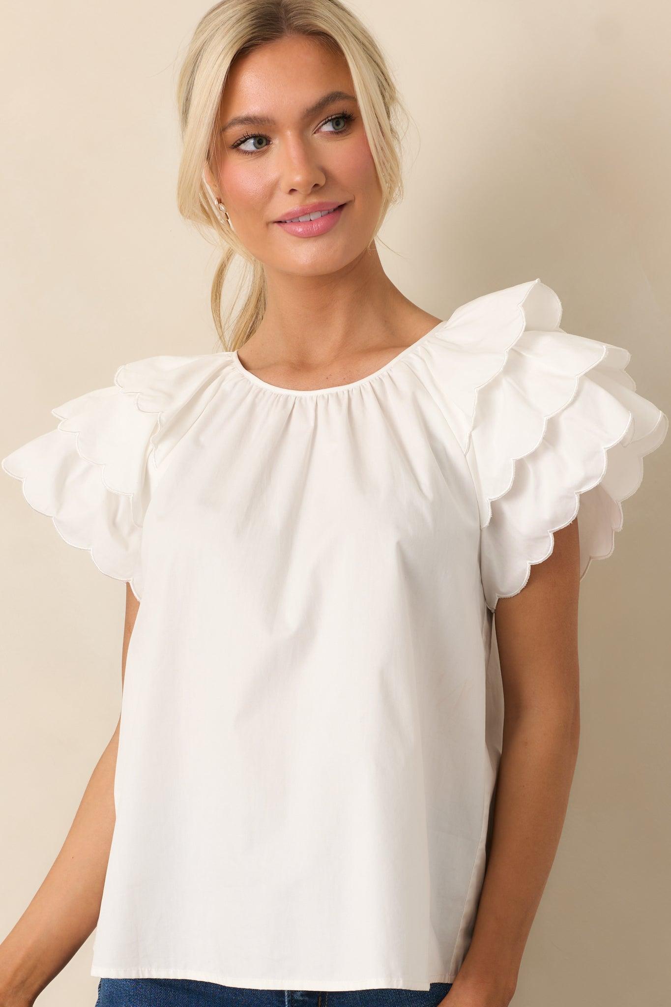 Bianca White Cotton Embroidered Scallop Top Product Image