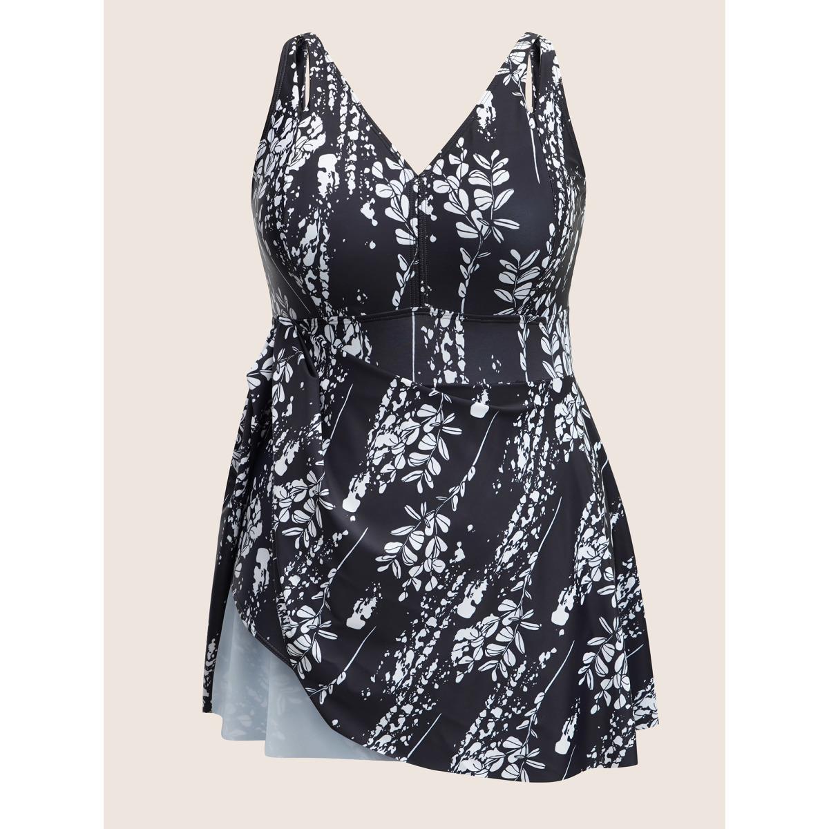 Plus Size Plants Print Adjustable Straps Cut Out Swim Dress Women's Swimwear Black Beach Bodycon V-neck High stretch Curve Swim Dresses BloomChic 28/5X Product Image